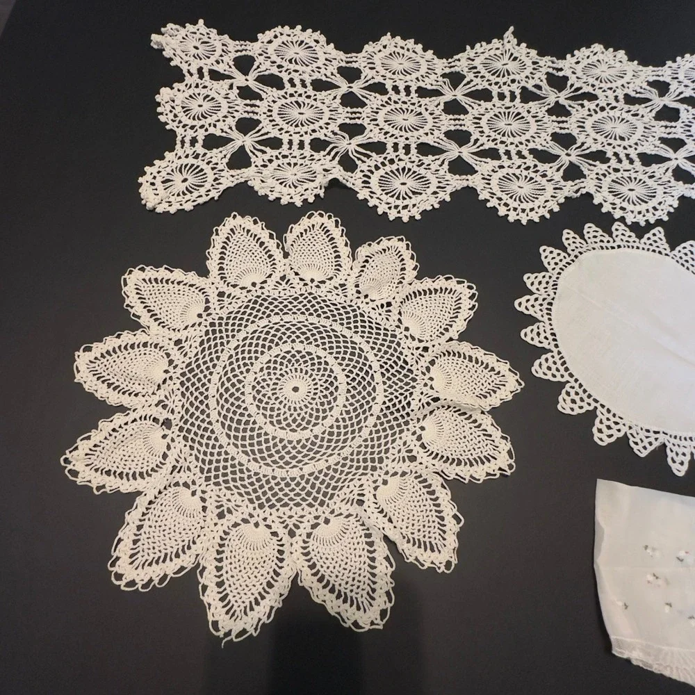 Vintage Crochet Doily Table Runner Handmade Lace 5pc Mixed Set Cottagecore Chic